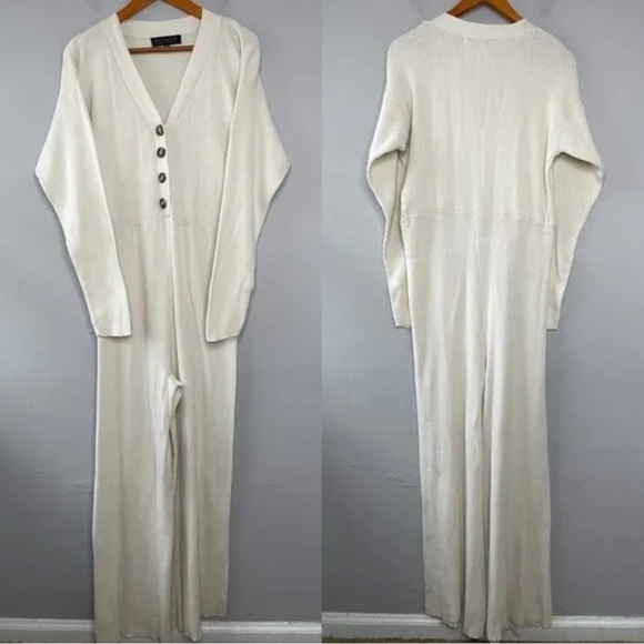 Eloquii Beige Long Sleeve Button Front Ribbed Sweater Knit Jumpsuit - Picture 11 of 12